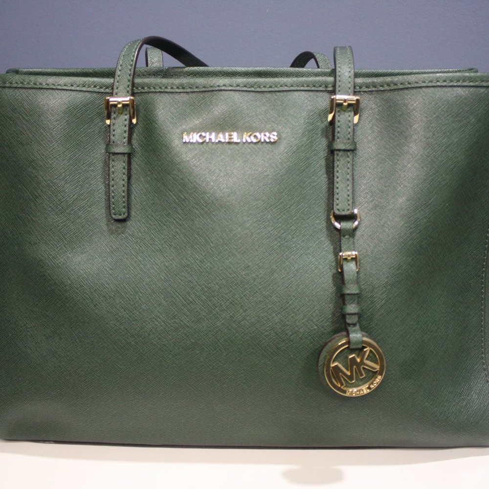 Michael Kors green leather tote with gold accents